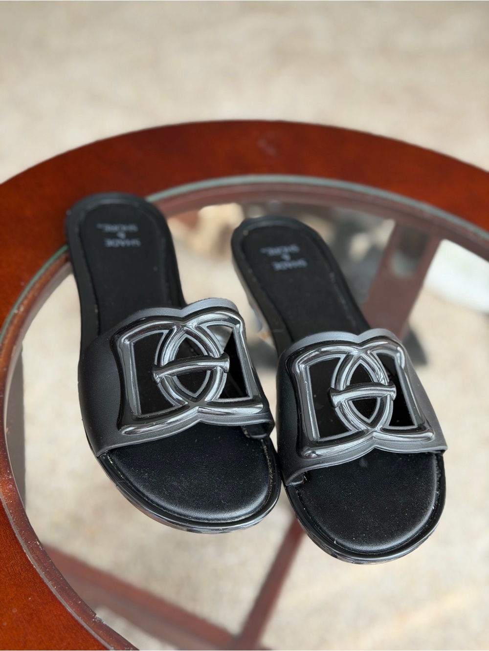 Black Slide Sandals with Decorative Buckle